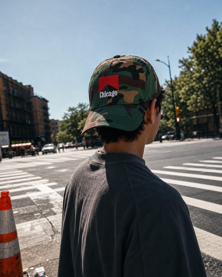 Photo ad — Chicago camouflage cap at a crosswalk