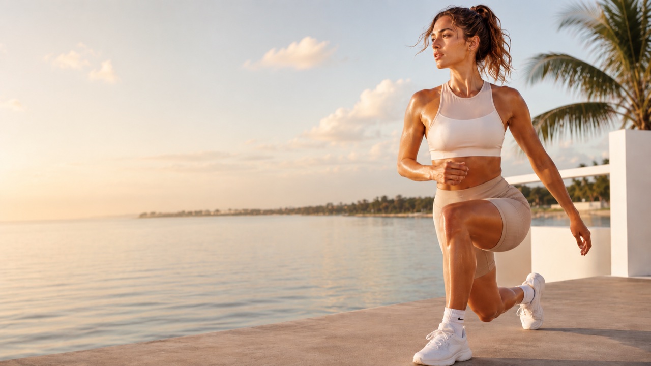 Photo ad — activewear model stretching by the water