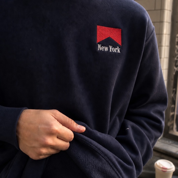 Photo ad — navy New York sweatshirt close-up